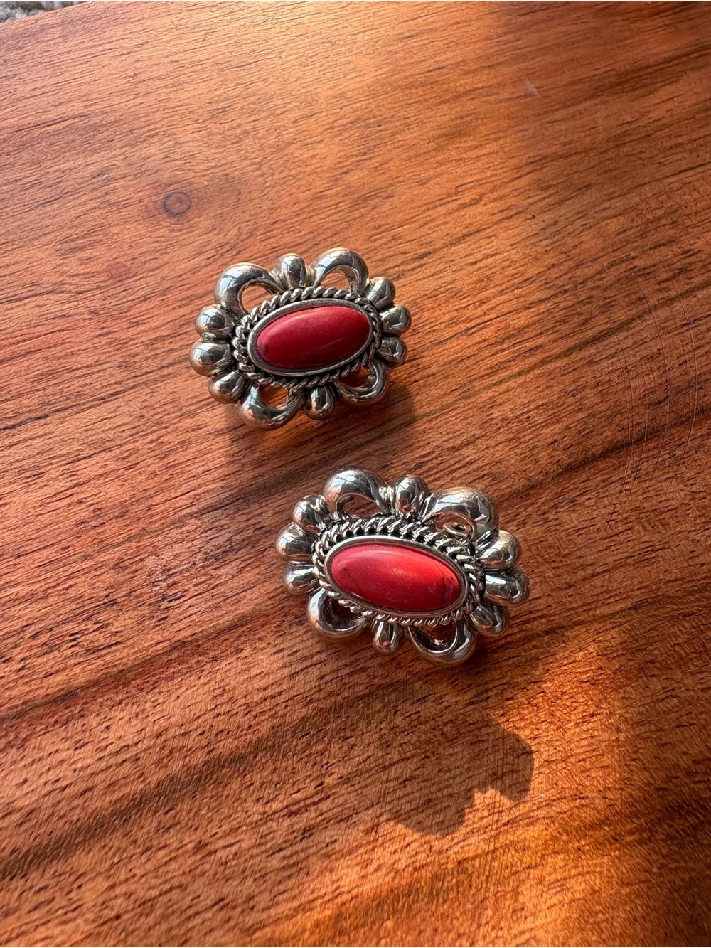 Chaps Silver-Tone Clip-On Earrings with Red Stones